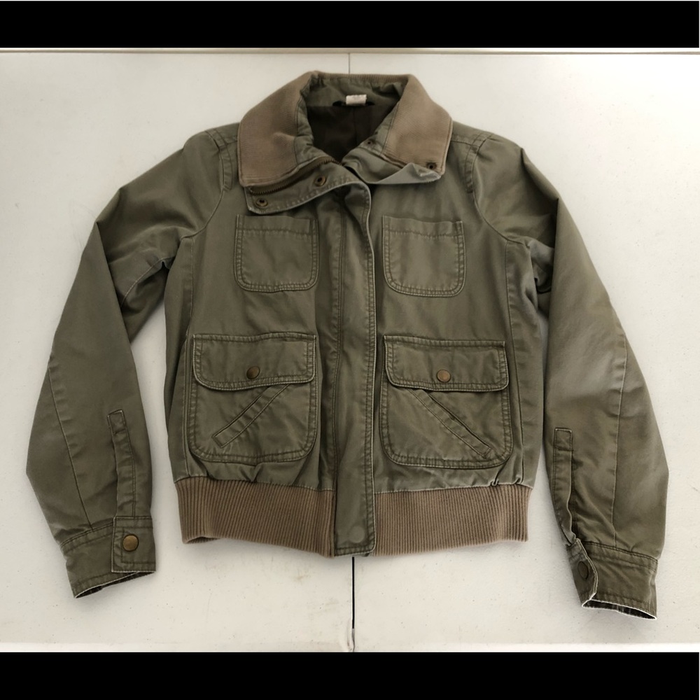 J. Crew Olive Green Cotton Utility Bomber Jacket with Tan Collar
